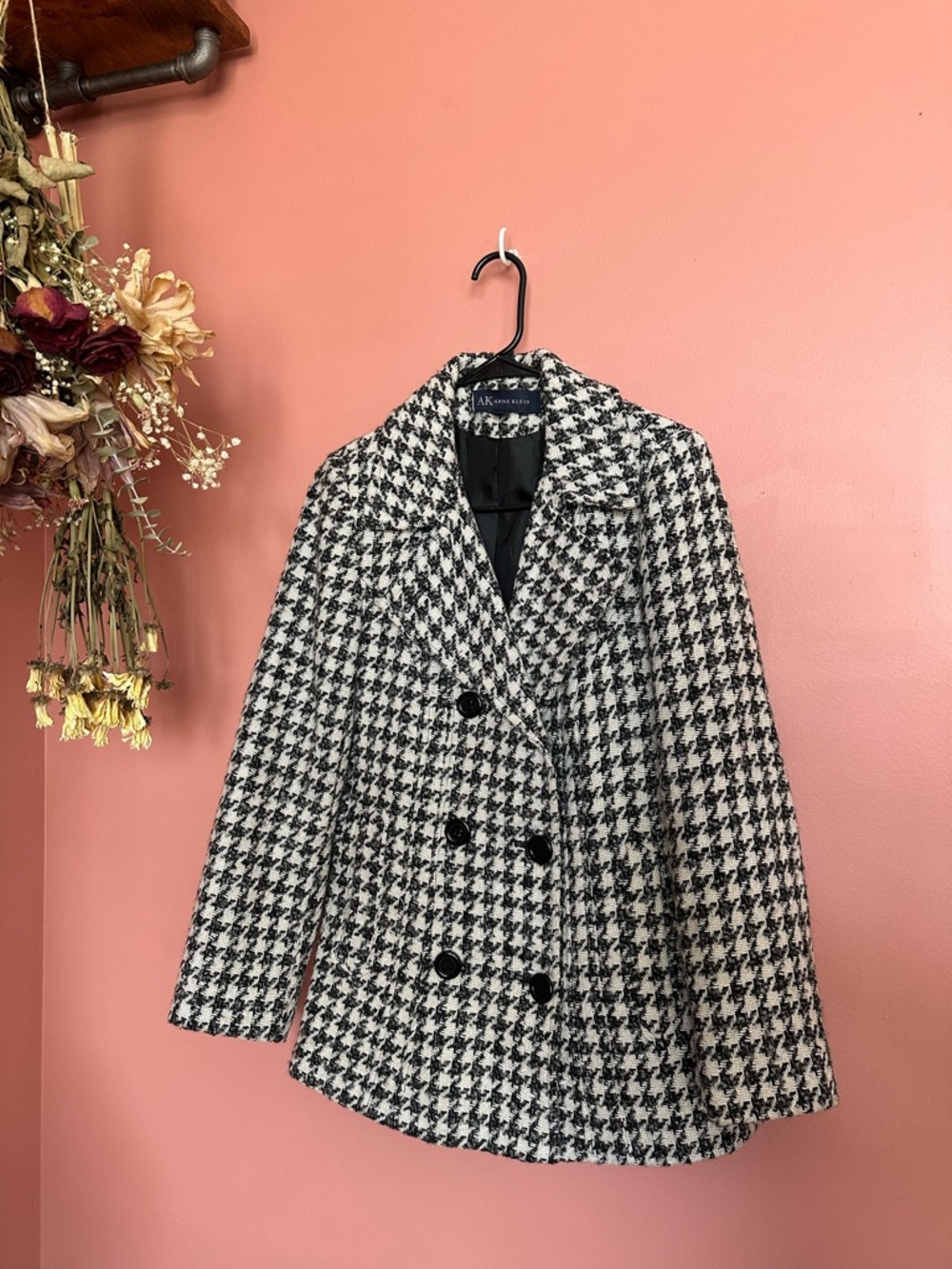 Anne Klein Black and White Houndstooth Pea Coat